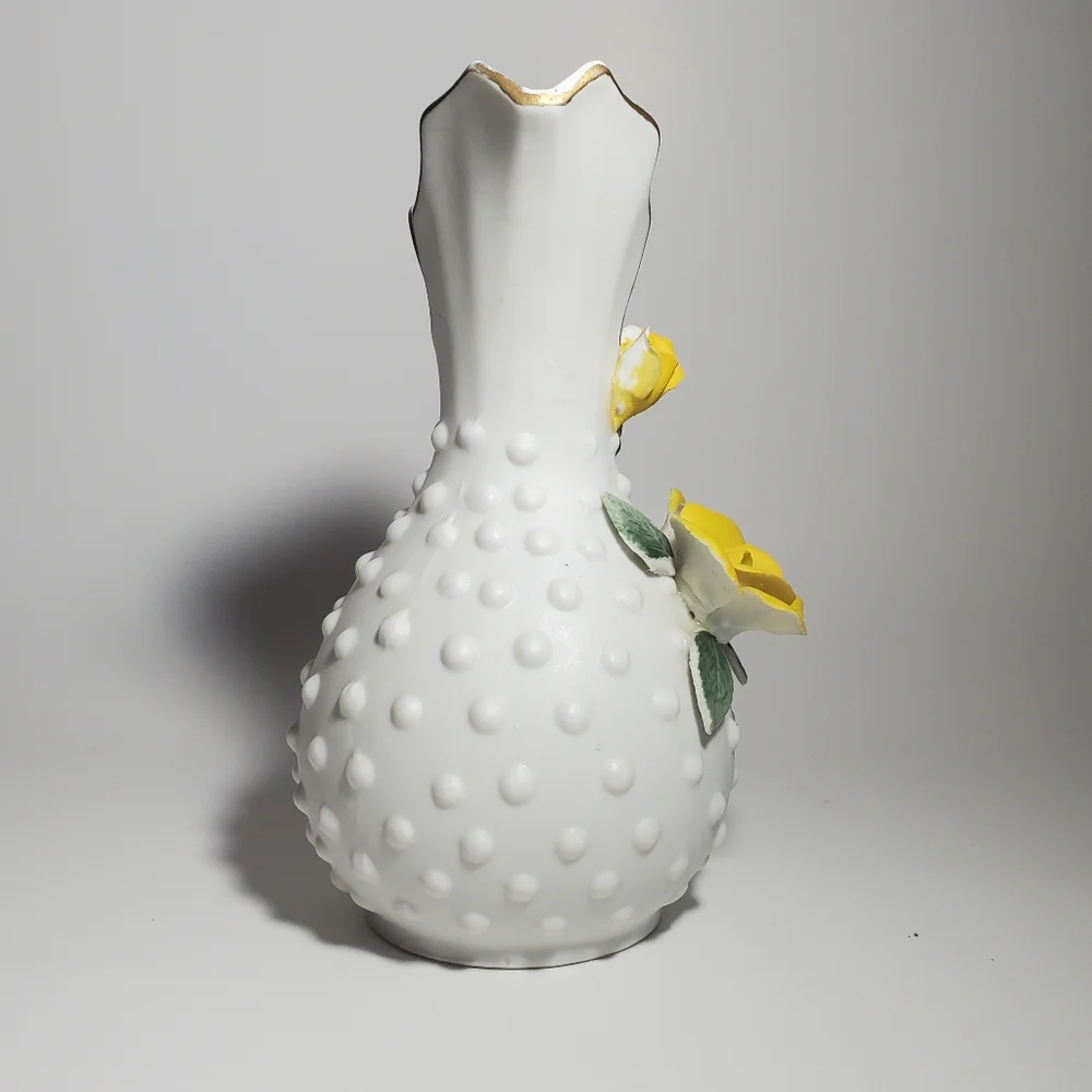 Vintage Lefton China, Japan Porcelain Pitcher Vase with Yellow Rose Flowers EVC